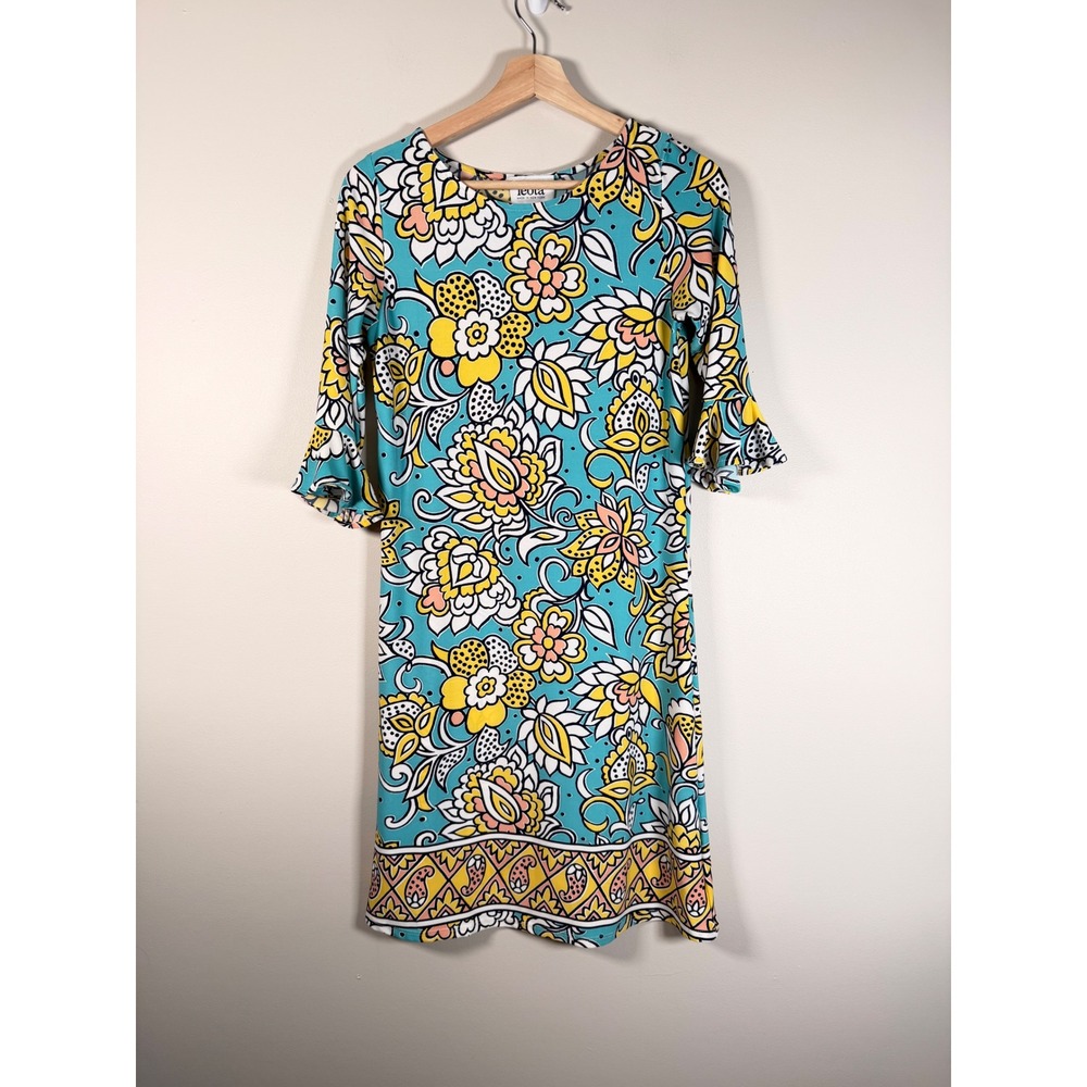 Leota Floral Paisley Ruffle Sleeve Shift Dress Teal Yellow XS Made in NY - Picture 2 of 9